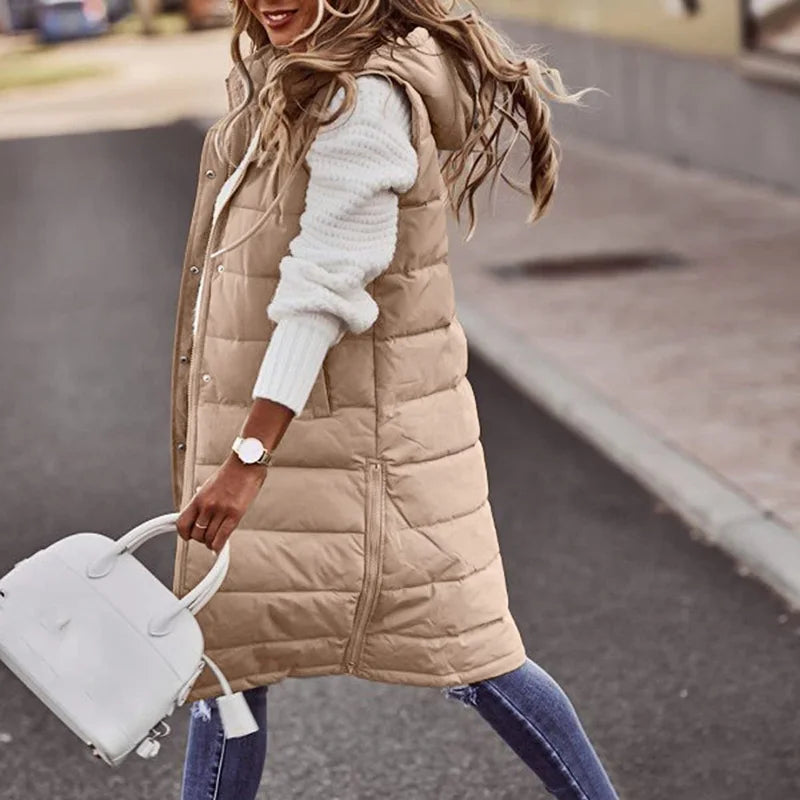 Warm Hooded Longline Sleeveless Vest Coat for Women