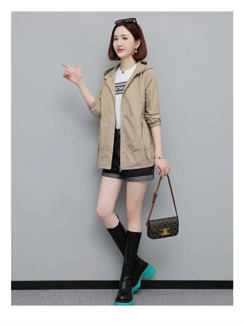 Lining Hooded Coat Female Spring And Autumn Temperament Short Jacket Casual Short Trench Coat Female Hooded Outwear Khaki