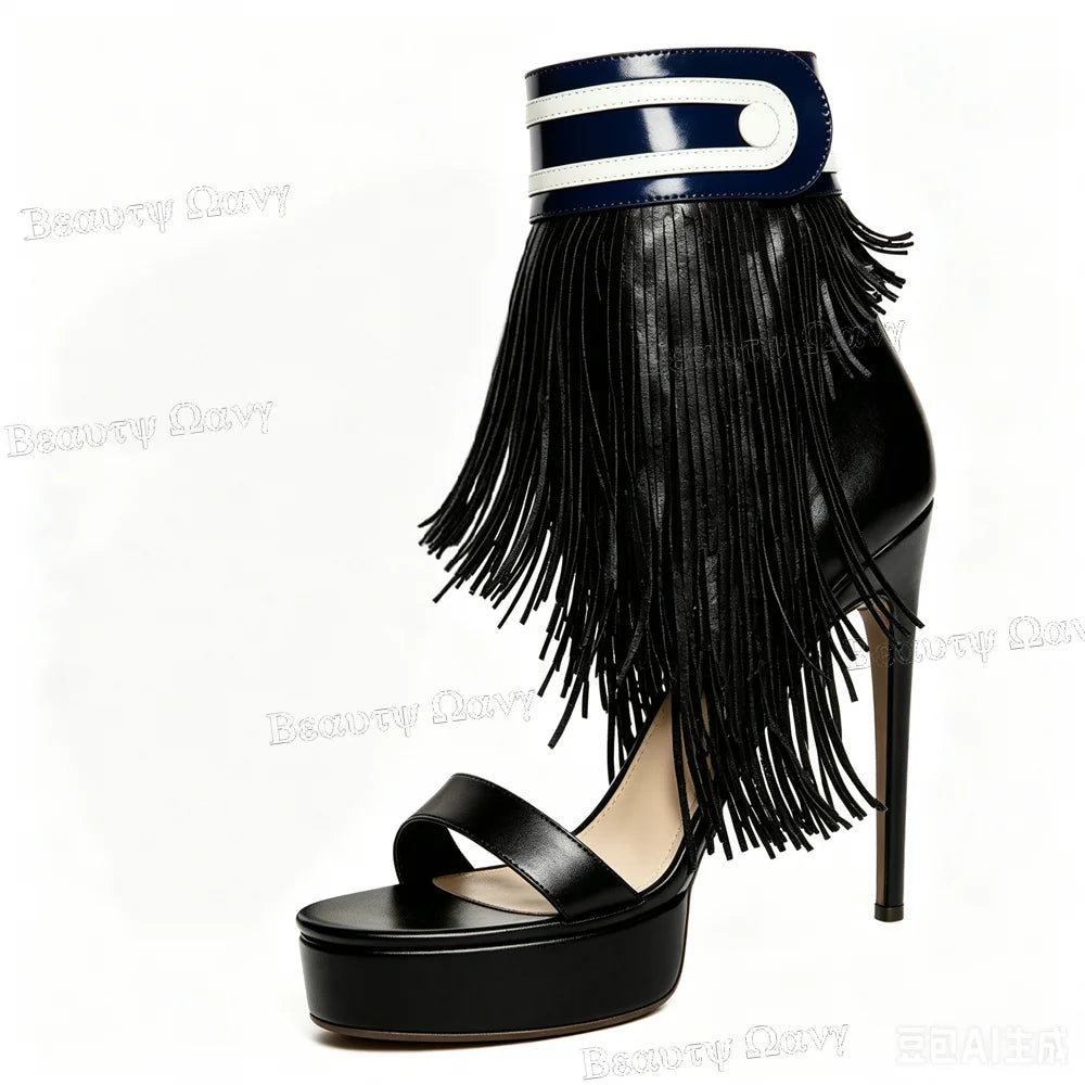 Black Fringe Decor Open Round Toe Platform Sandals for Women