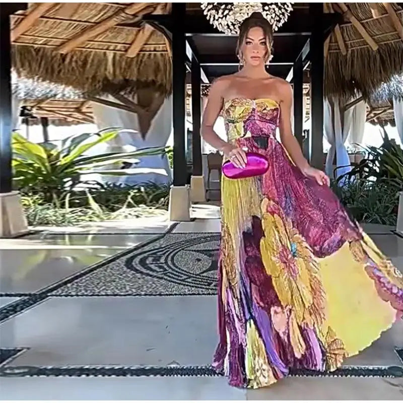 Elegant Floral Print Pleated Floor Length Dress For Women