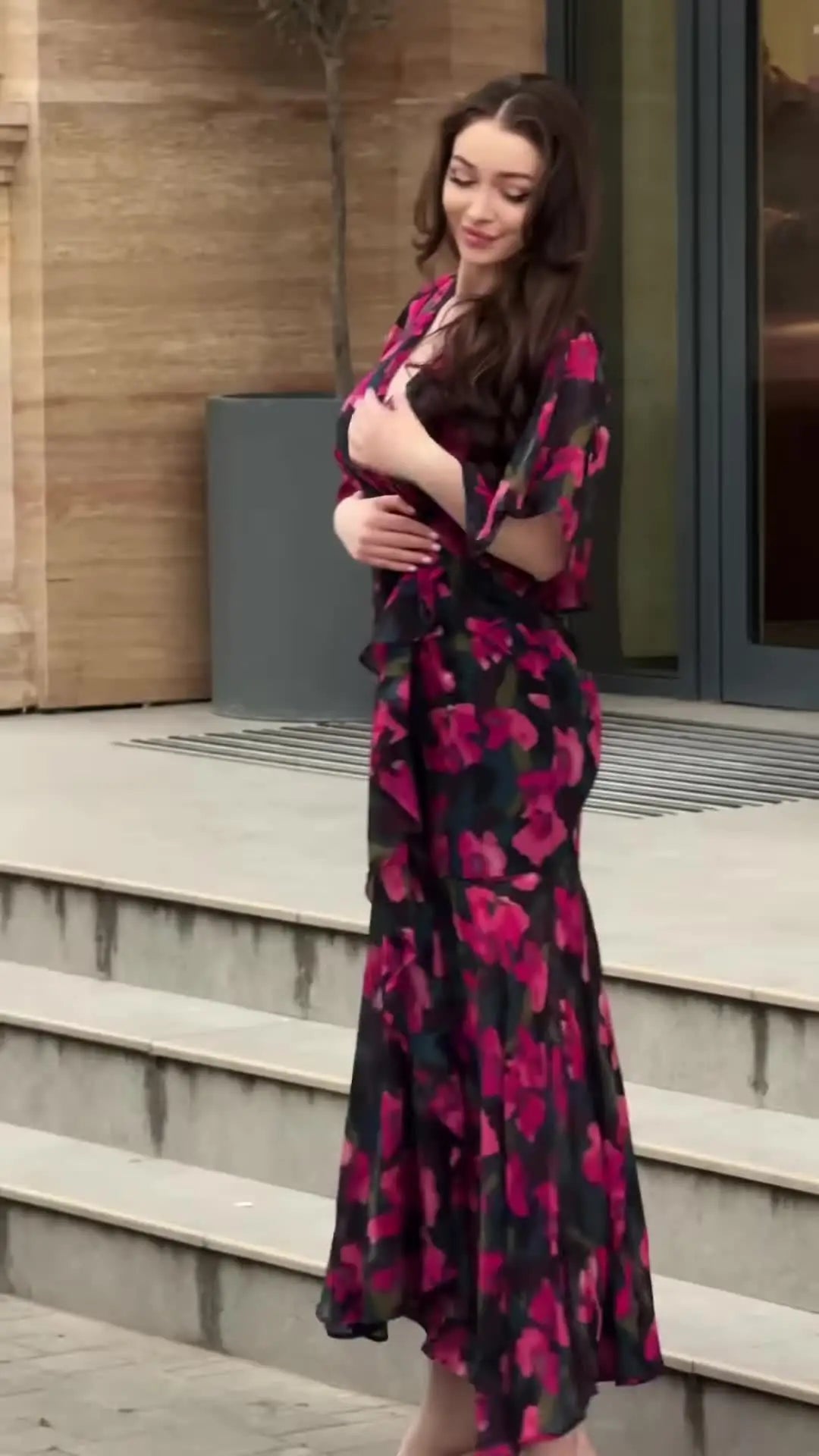 V Neck Floral Print Short Sleeve Ankle Length Dress for Women