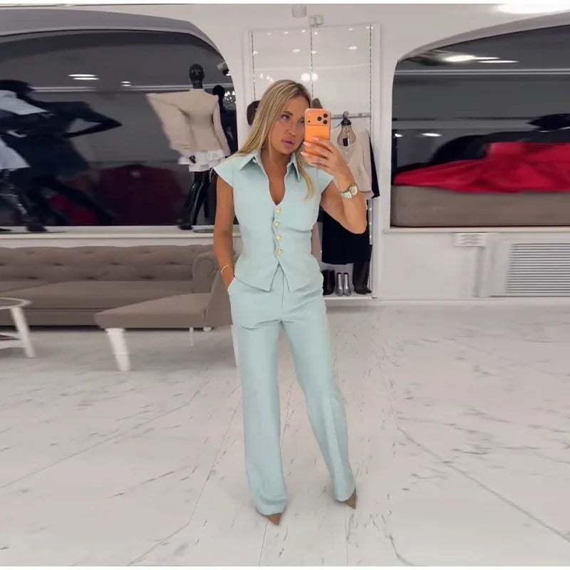 Waist Cinched Tailored Suit Set With Wide Leg Pants For Women