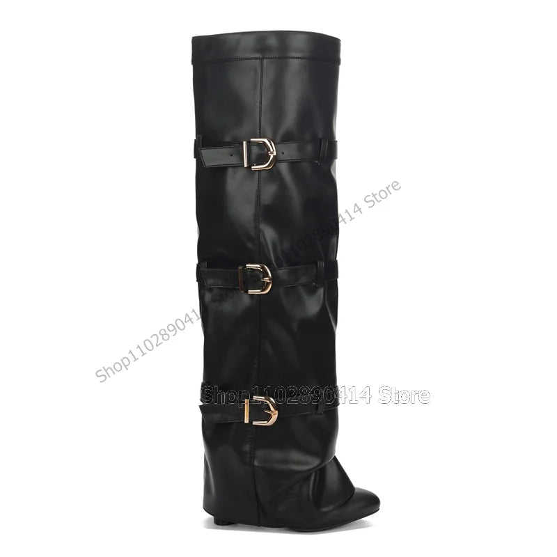Black Pointed Toe Knee High Boots With Side Zipper For Women