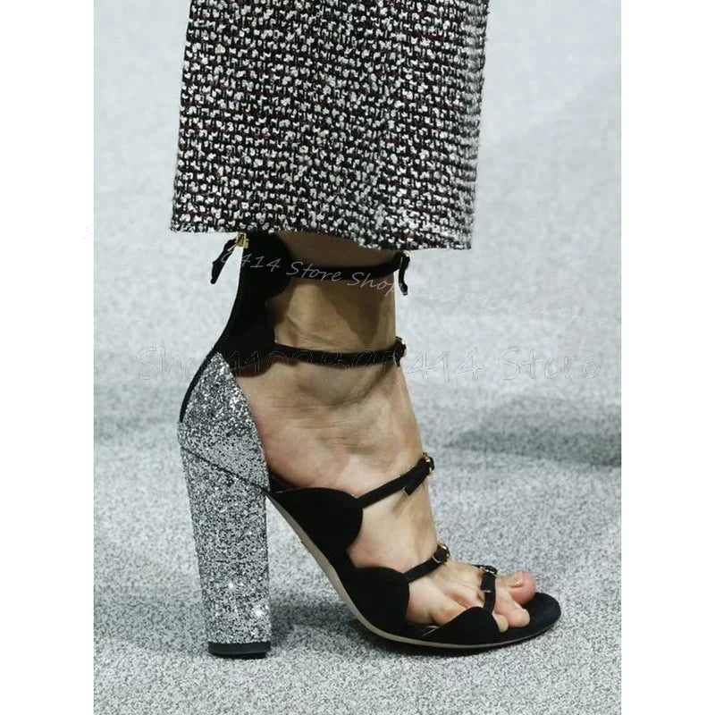 Elegant Black Sequin Buckle Strap Chunky Heel Sandals For Women