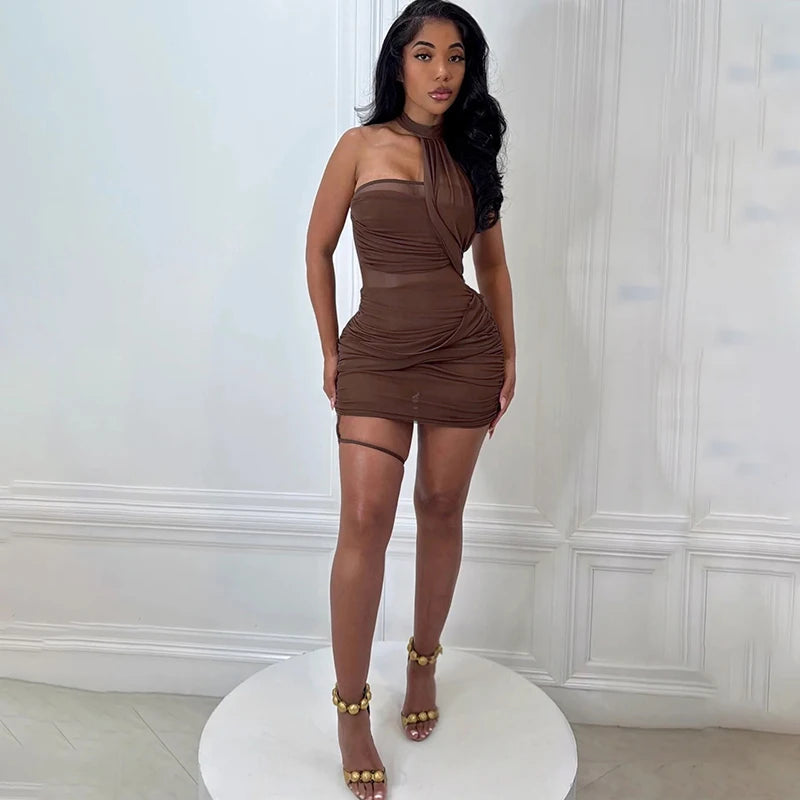 Sheer Cross Bandage Backless Halter Mini Dress for Women