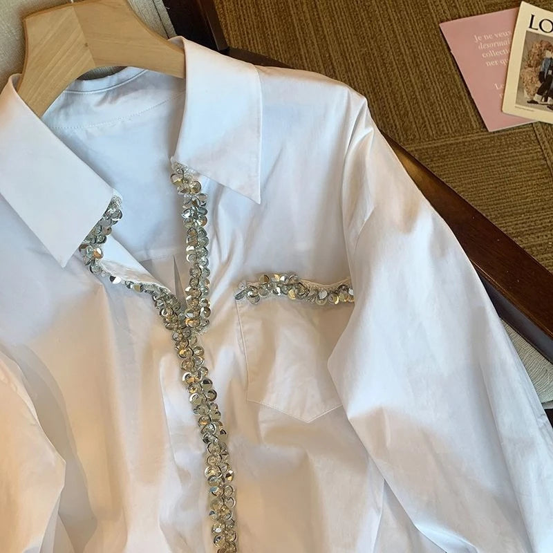 Oversized White Long Sleeve Button Up Shirt for Women
