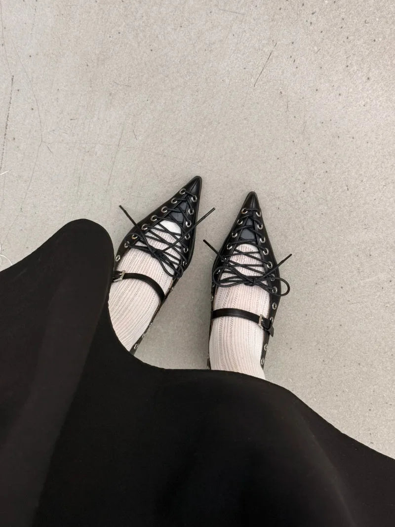 Retro Pointed Toe Lace-Up Rivet Detail Pumps for Women