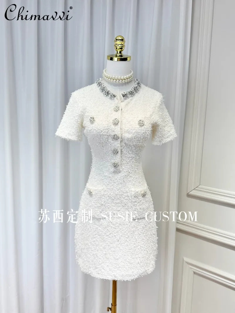 High-End Heavy Beaded Rhinestone Round Neck Slim Fit Bodycon Dress Autumn New Fashion Short Sleeve Elegant Party Women's Dress