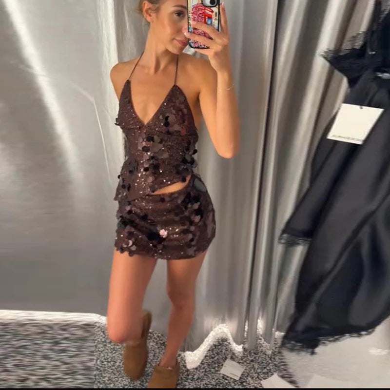 Sequin Halter Two Piece Top and Mini Skirt Set for Women
