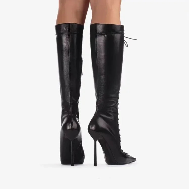 Lace Up Knee High Heeled Boots With Side Zipper for Women