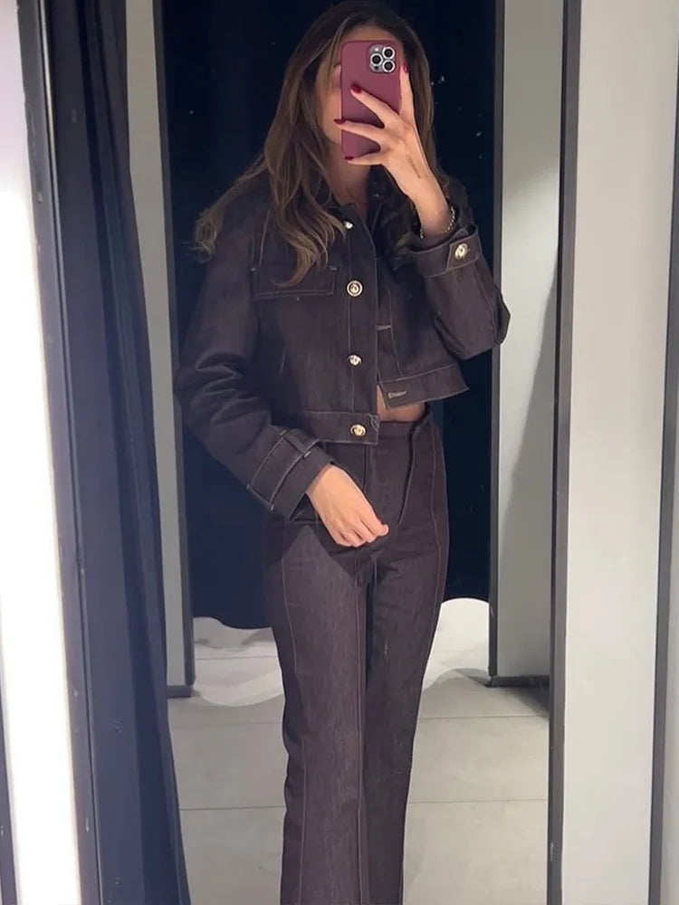 Lapel Jacket and Bell Bottom Pants Two Piece Set for Women