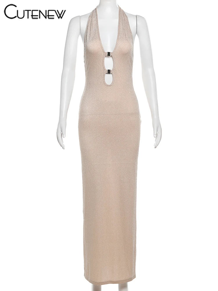 Cutenew Halter Shiny Maxi Dress Women Trend Elegant Bandage Backless Cut Out Low Neck Sleeveless Bodycon Female High Street Robe