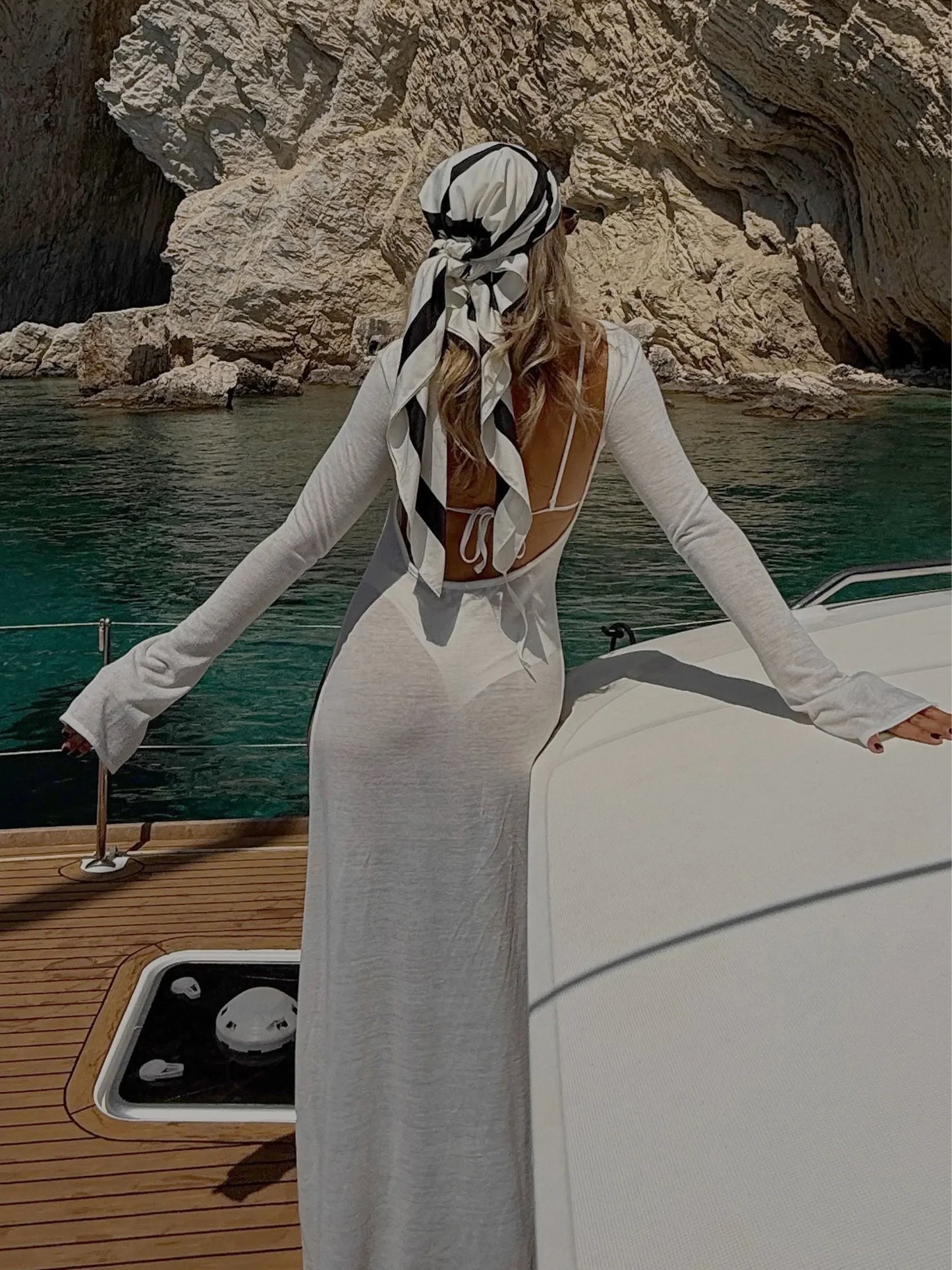 Women's White Knit See-through Swimwear Cover-up 2025 Summer Fall Clothes Sexy Backless Long Sleeve Split Beach Maxi Dress C82