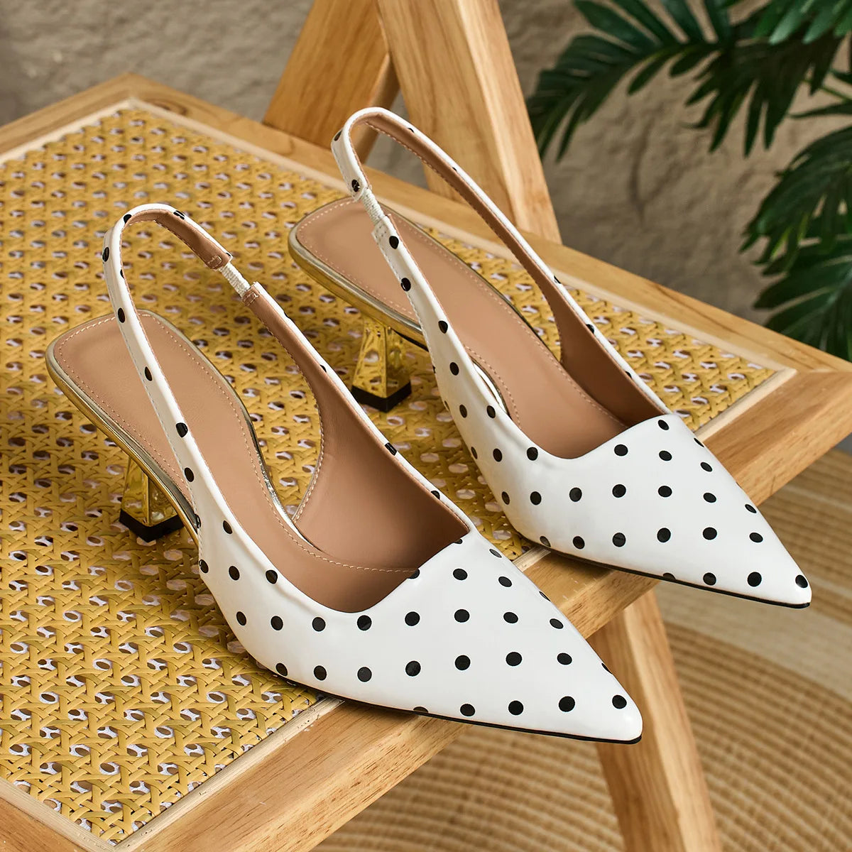 White Polka Dot Slingback Kitten Heel Pumps for Women