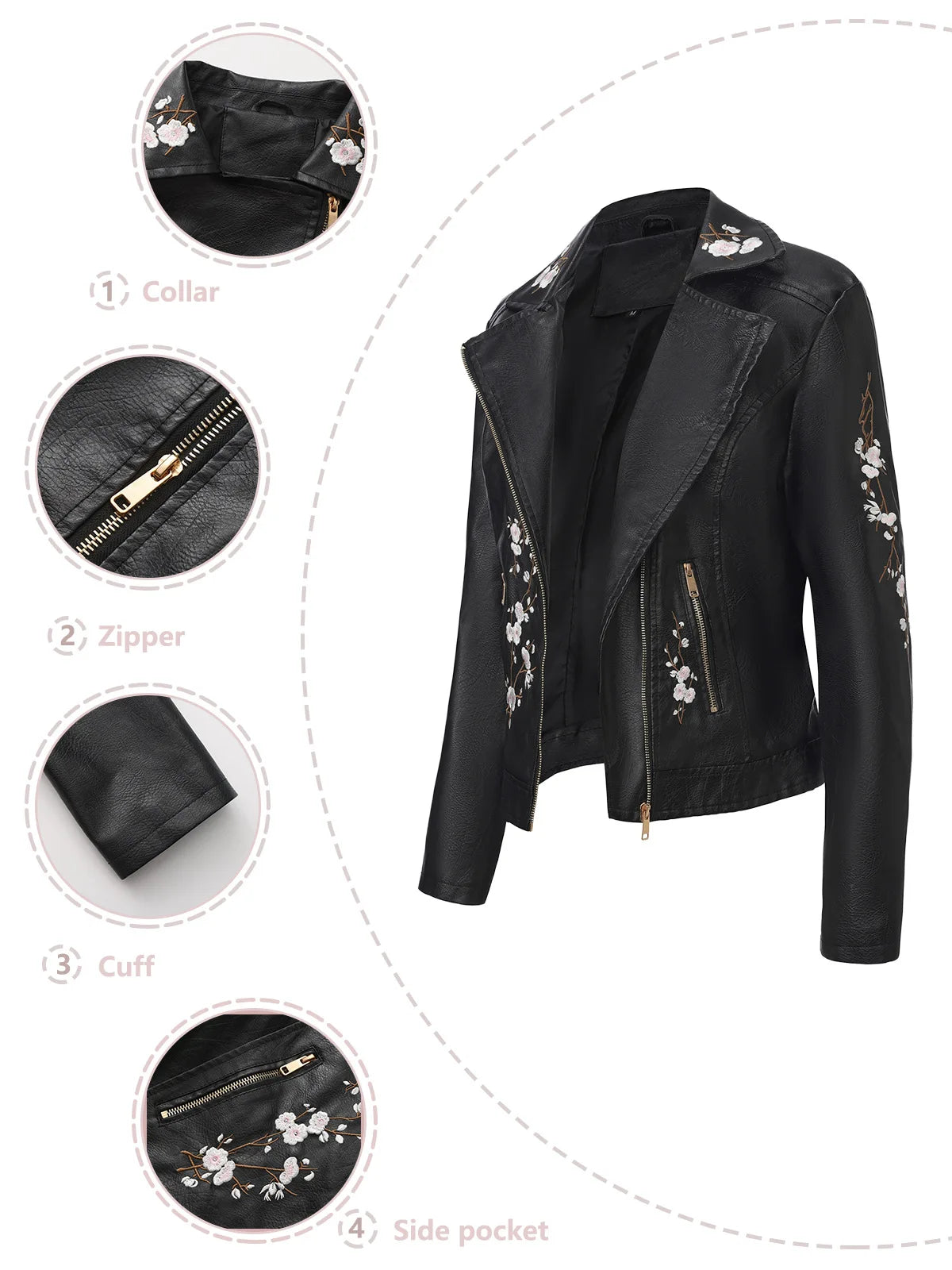 Embroidered Faux Leather Motorcycle Jacket for Women