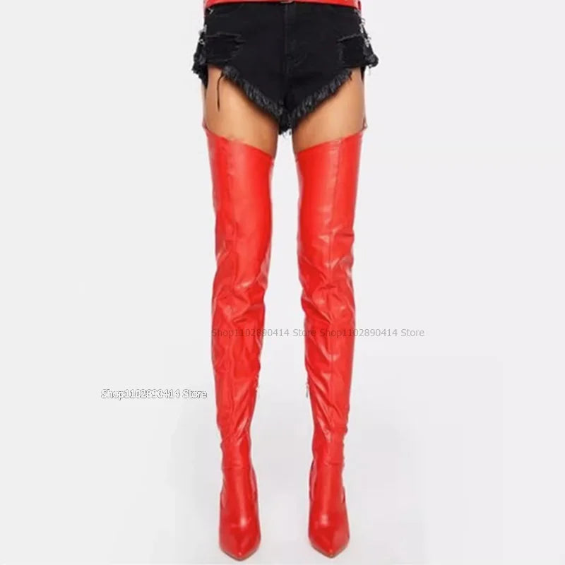 Red Pointed Toe Stiletto Thigh High Boots With Matching Belt for Women