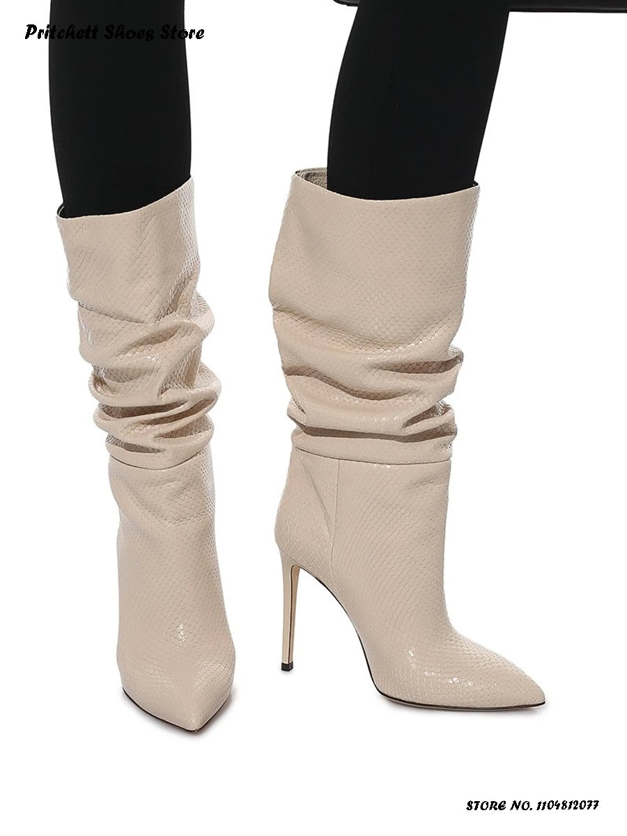 Snakeskin Embossed Pointed Toe Midcalf Boots For Women