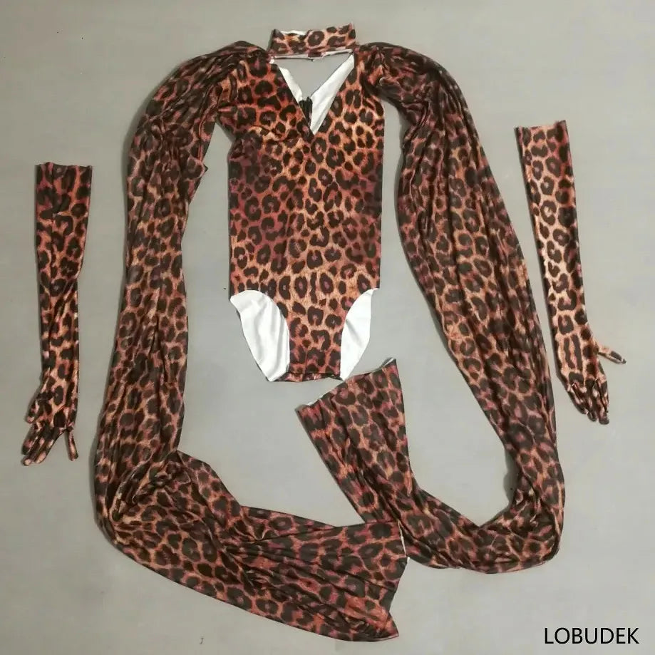 Leopard Print Stage Dance Bodysuit Costume for Women