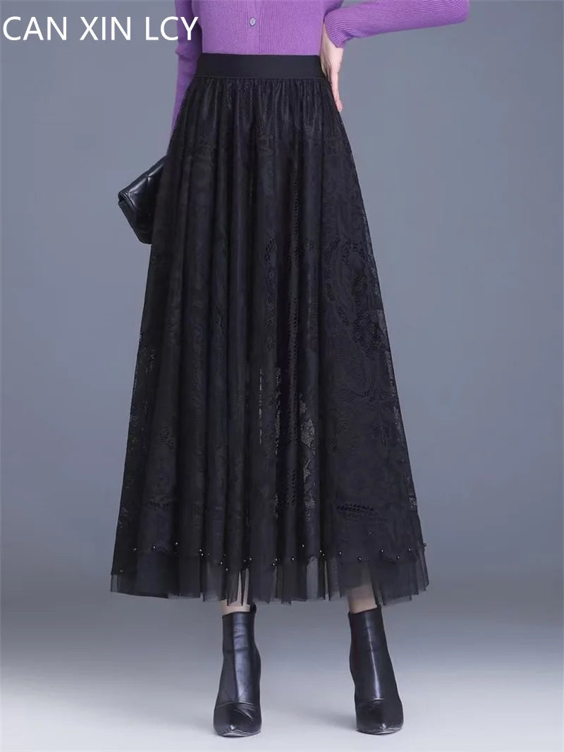 High Waist Lace Skirt With Hollow Out Studded Details For Women