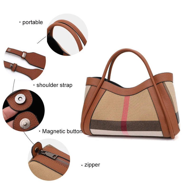 Retro Checkered Large Capacity Canvas And Leather Handbag for Women