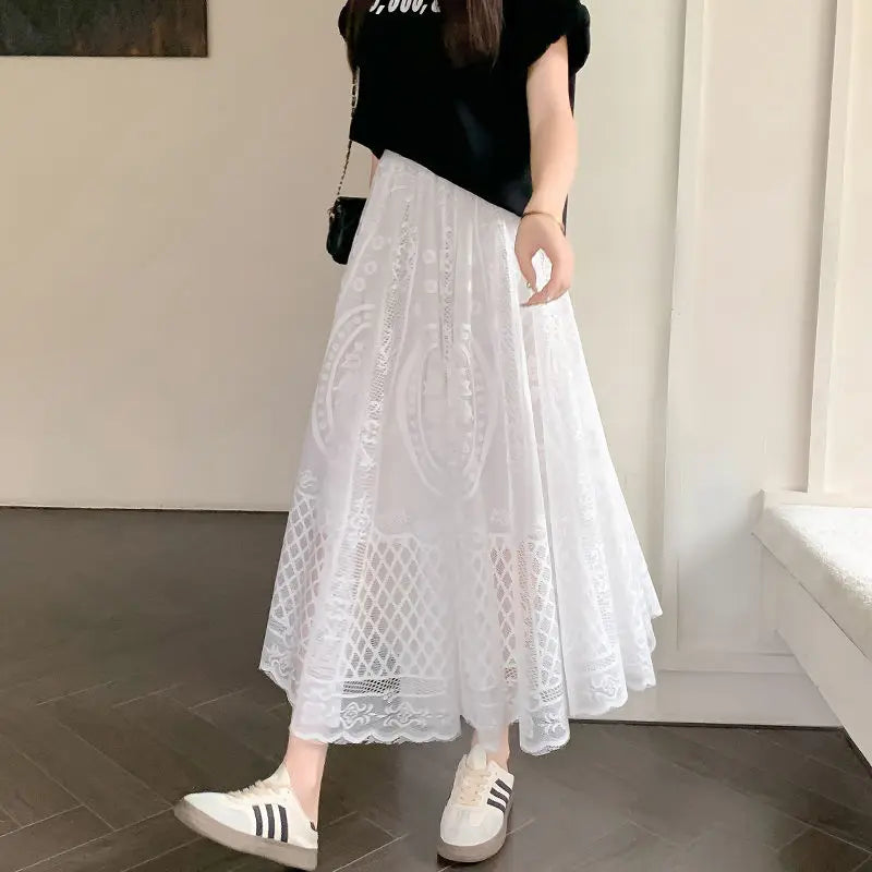 High Waisted Lace A Line Swing Midi Skirt for Women