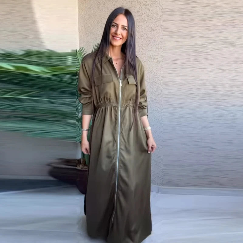 Women's Fashion Zipper Waist Long Dress Casual Solid Laple Full Sleeve A-line Long Robe Lady 2025 Autumn Chic Loose Streetwear