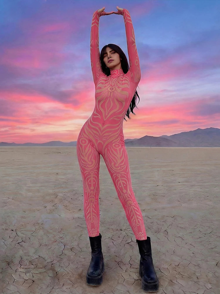 Striped Stretch Turtleneck Long Sleeve Jumpsuit for Women