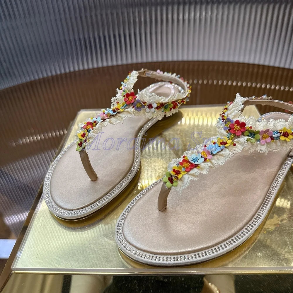 Chic Open Toe Floral Lace Trim Flat Sandals for Women