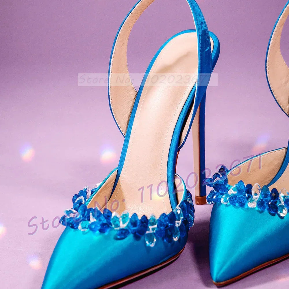 Elegant Blue Crystal Trim Satin Pointy Toe Heels For Women