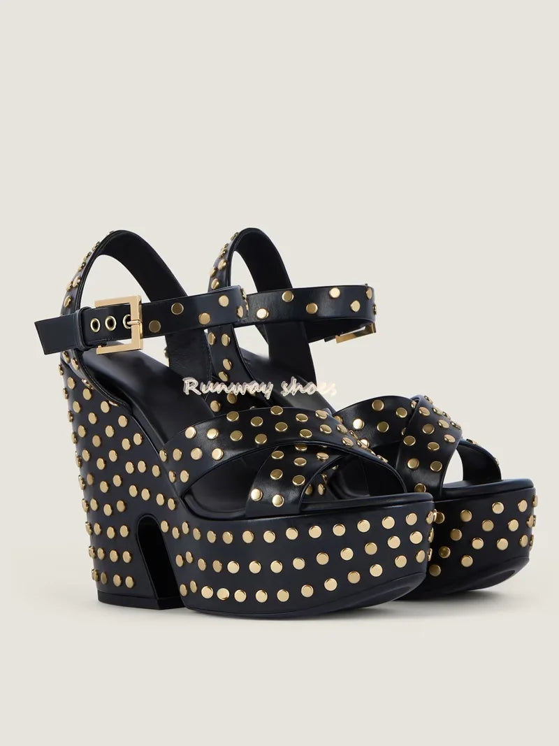 Rivet Open Toe Waterproof Buckle Sandals With Chunky Heel for Women