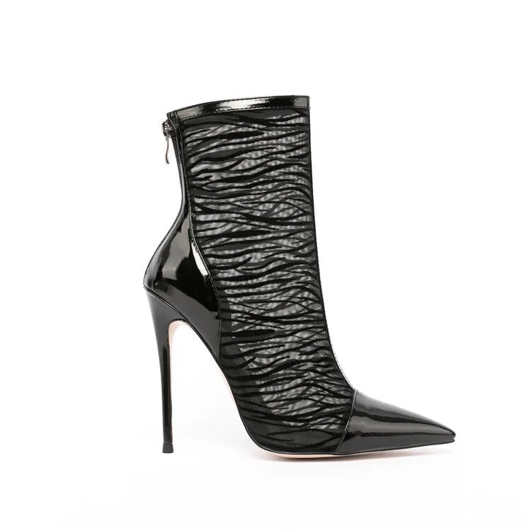 Elegant Black Mesh Stiletto Ankle Boots With Pointy Toe Rear Zipper For Women