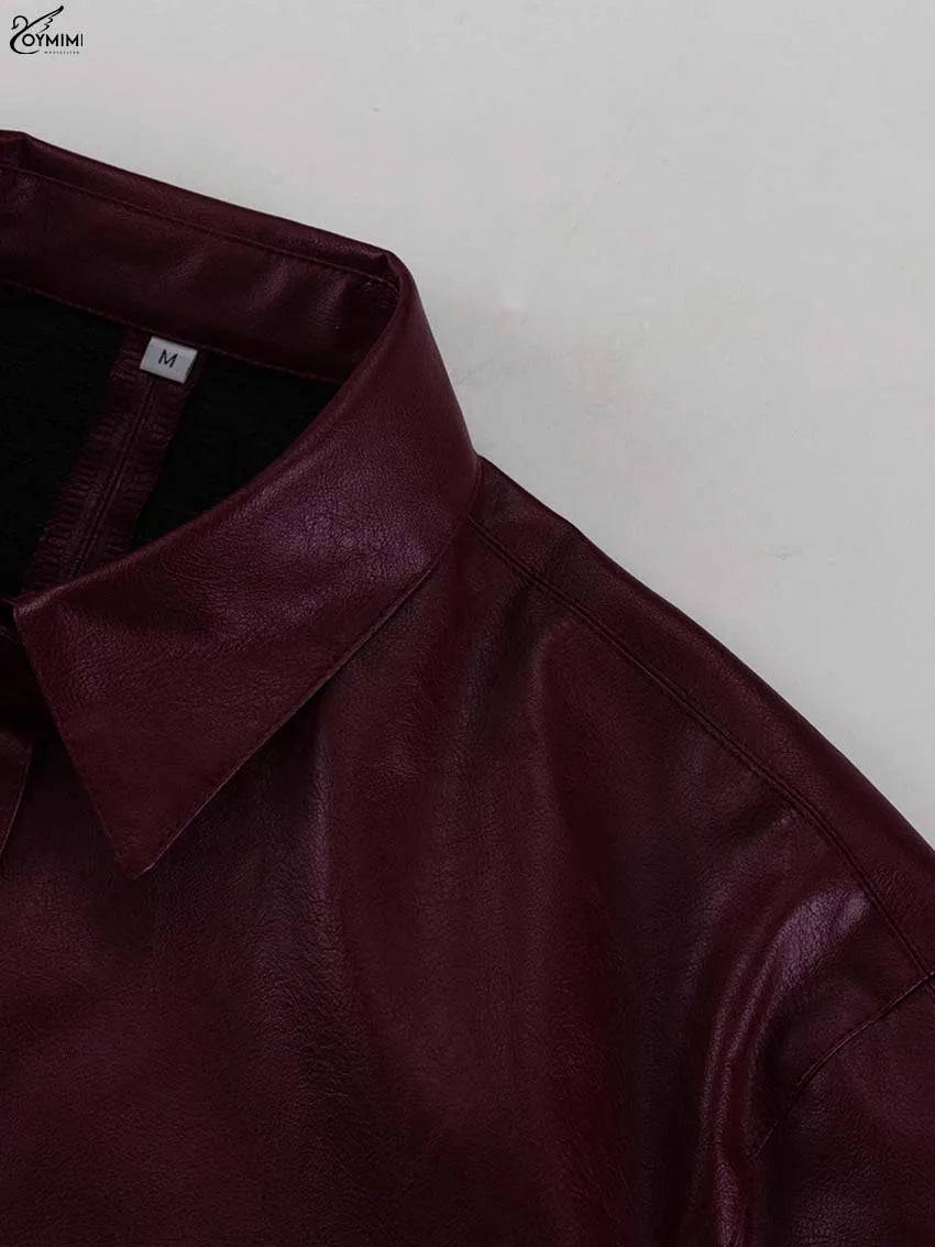 Oymimi Fashion Wine Red Pu Leather Women's Two Pieces Set Elegant Long Sleeve Button Shirts And Spaghetti Strap Mini Dress Sets