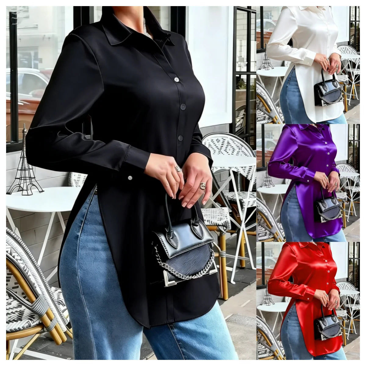Elegant Long Sleeve Satin Button Down Blouse for Women