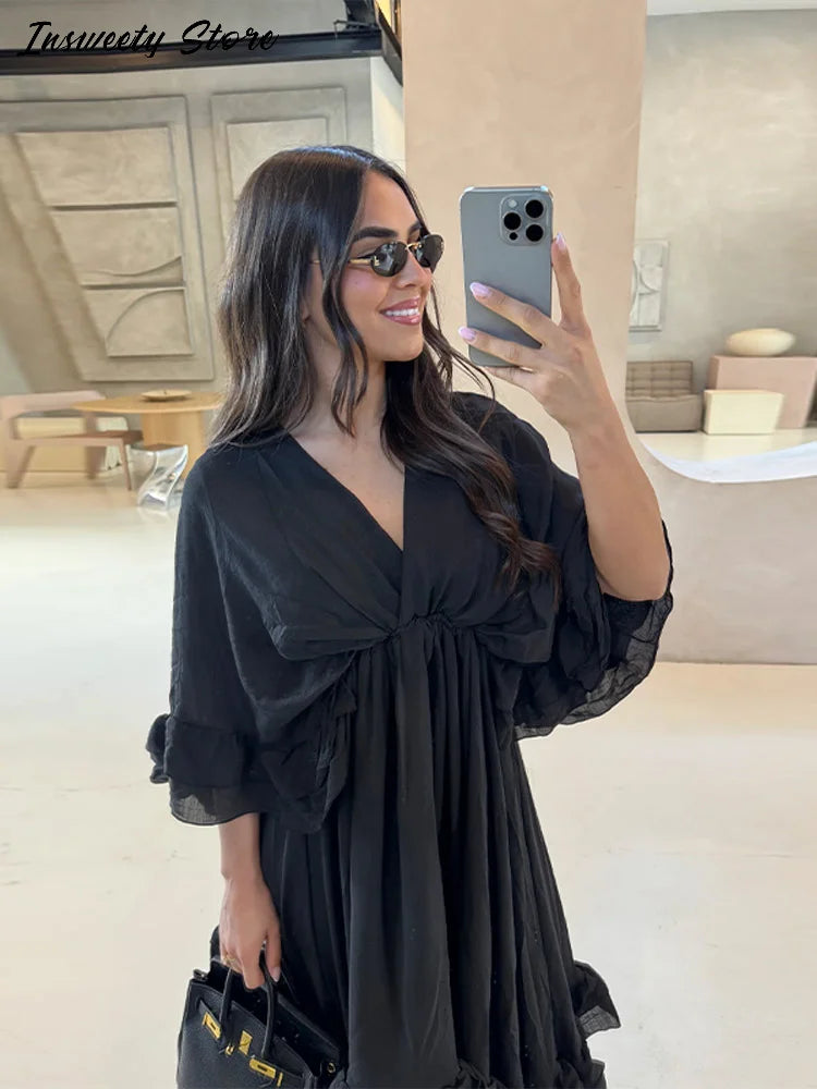 Ruffled V Neck Pleated Ankle Length Dress for Women