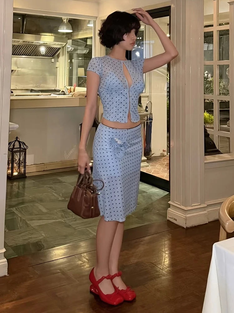 Polka Dot Print Floral Embellishment Two Piece Set for Women