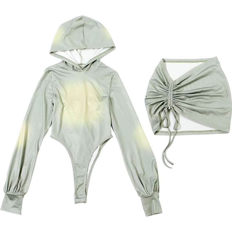 Sisterlinda Sexy Fashion 2 Piece Set Woman Tie-Dye Design Backless Hooded Bodysuits+Shirring Ruched Skirts Midnight Club Outfits