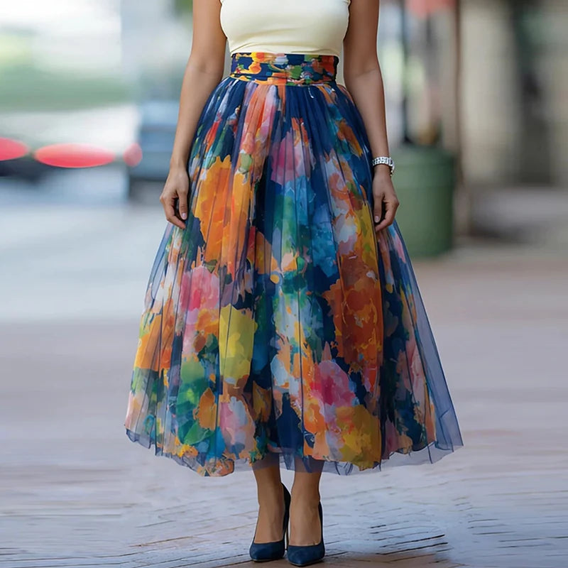 Floral Pleated High Waist A Line Midi Skirt for Women