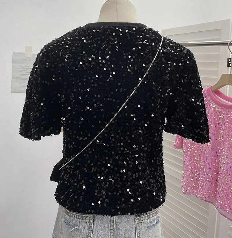 Spicy Girl Pink Sequins Short Sleeve T-shirt Round Neck Slimming Crop Top Blingbling Sexy Nightclub Multi Color Casual Tees