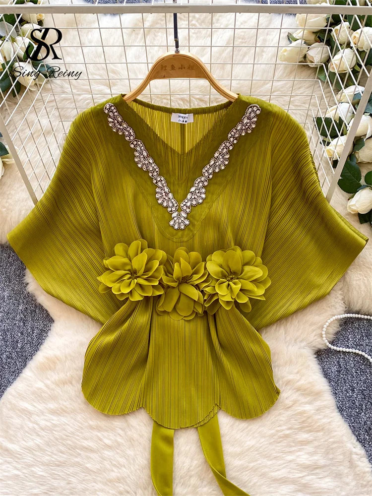 Diamond Embellished Batwing Sleeve Blouse for Women