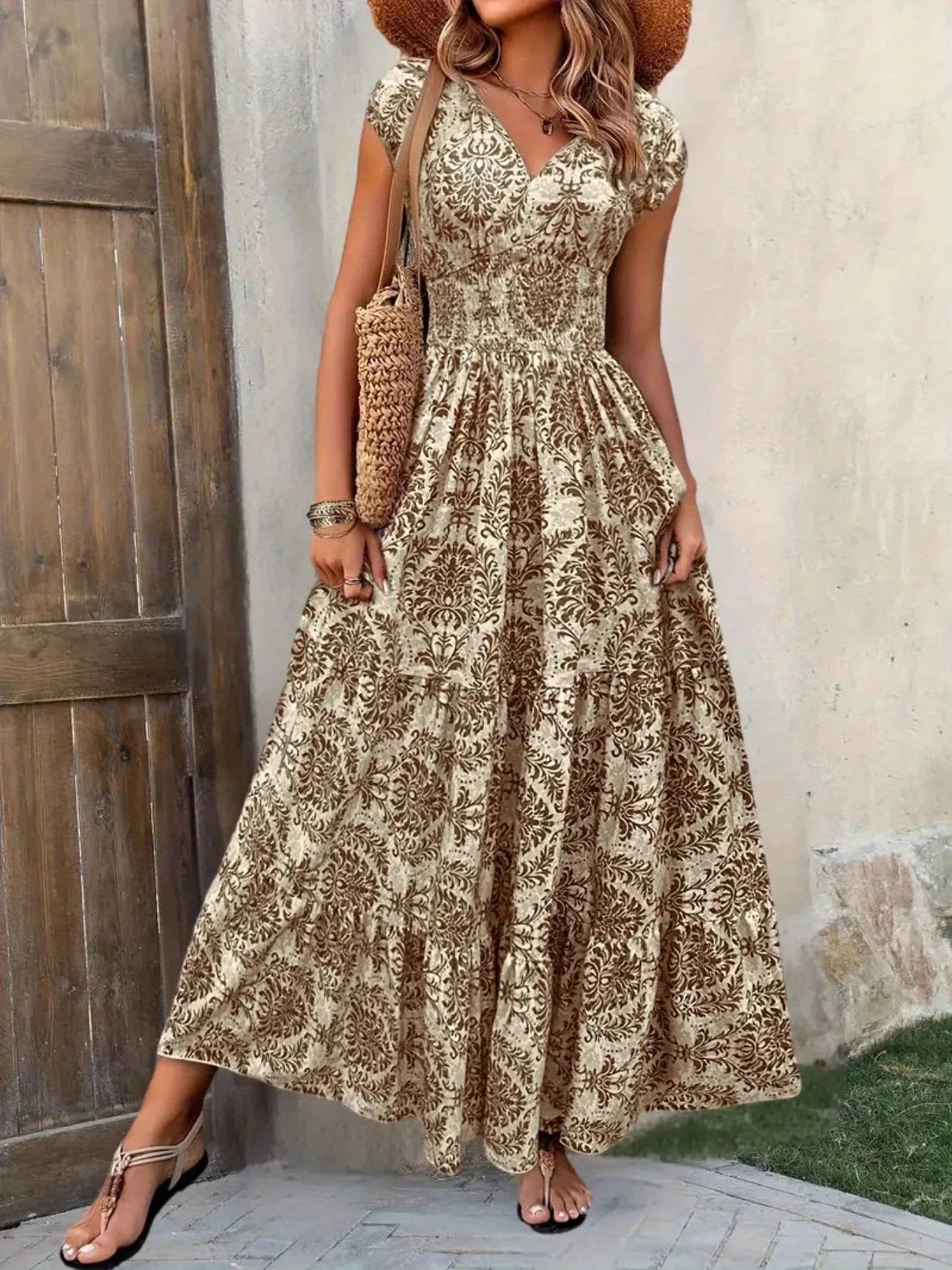 Bohemian Floral Printed V Neck Midi Dress For Women