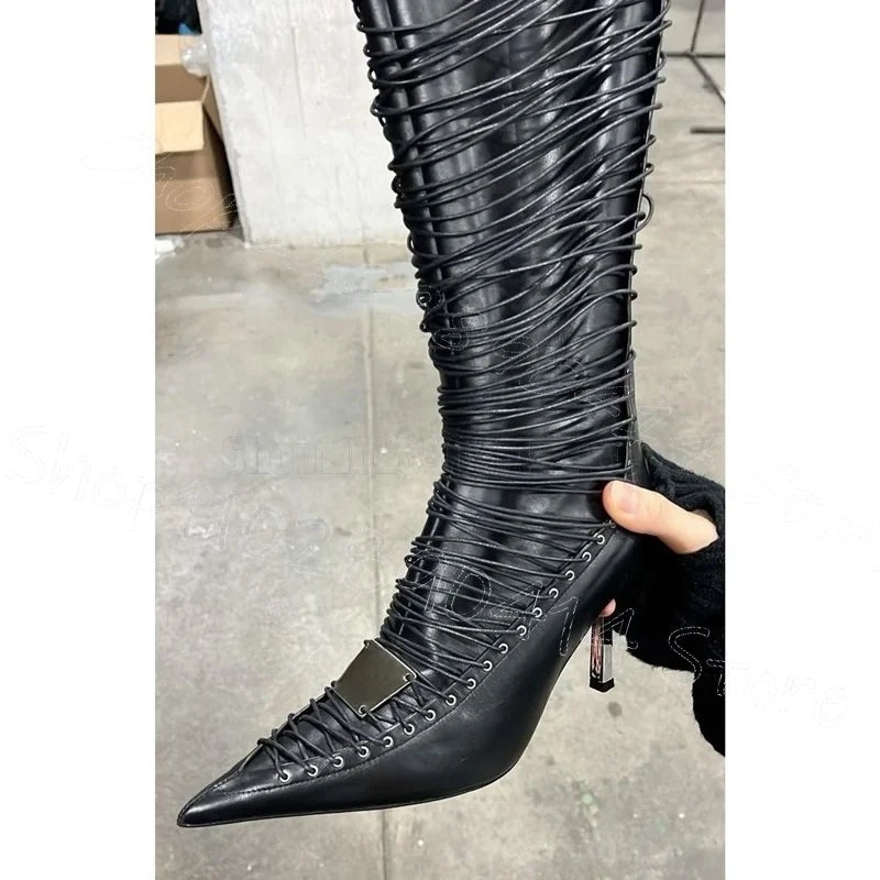 Black Patchwork Cross Tie Pointed Toe Heeled Boots for Women