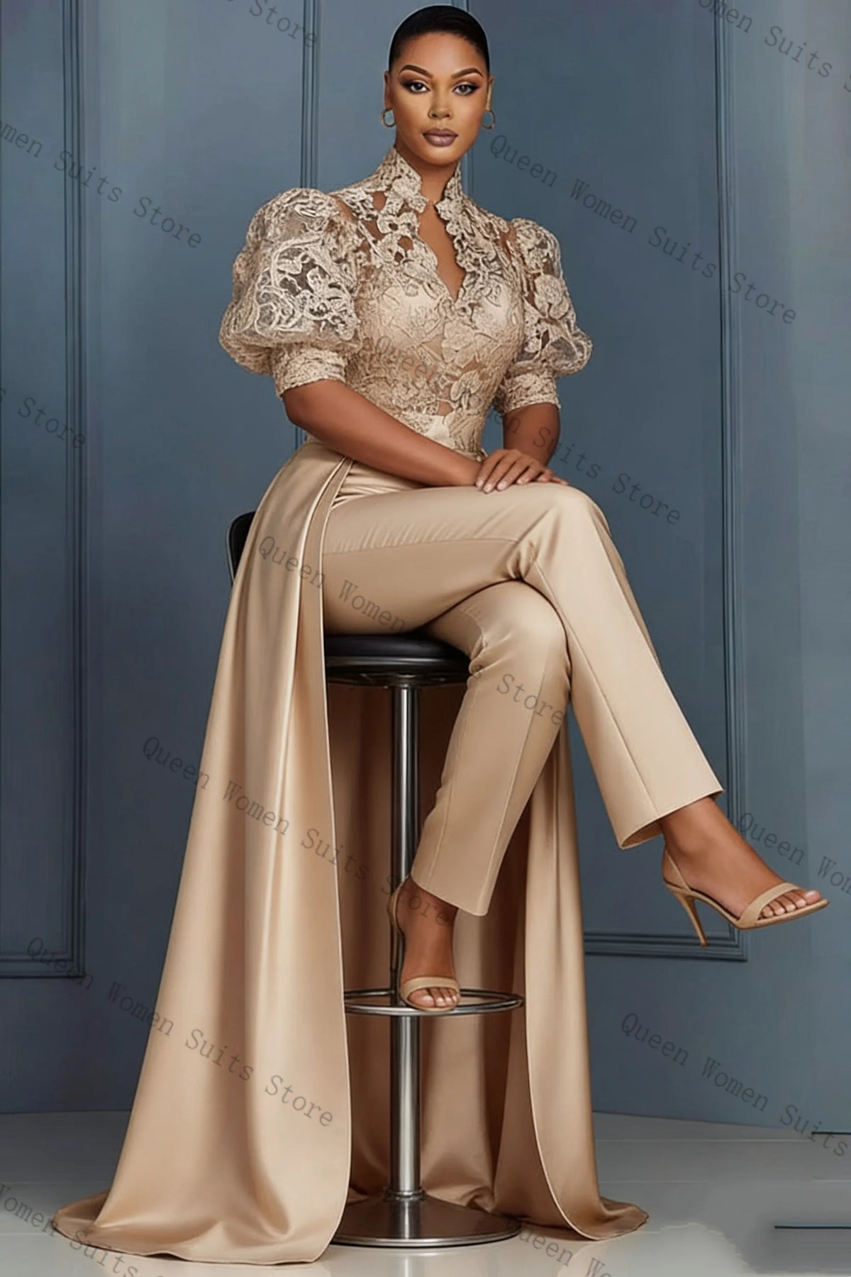 Elegant Champagne Lace Trim Blazer And Pants Suit Set For Women