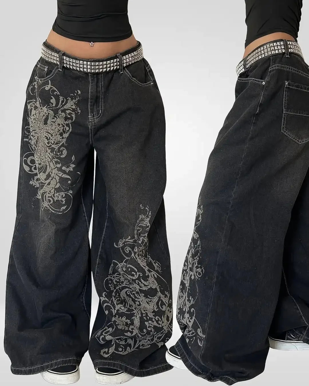 Asymmetric Two Tone Polka Dot Wide Leg Jeans With Bow for Women