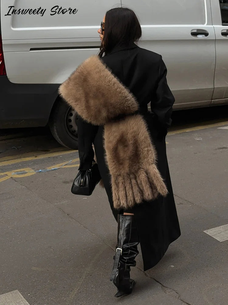 Long Thick Plush Faux Fur Scarf With Fringe for Women