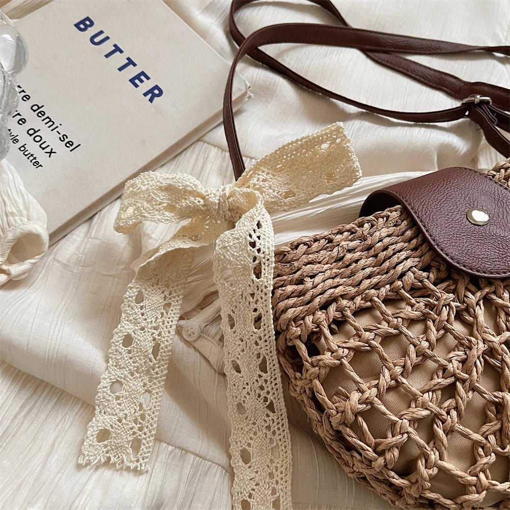 Straw Knitted Shoulder Bag With Bowknot Handmade for Women