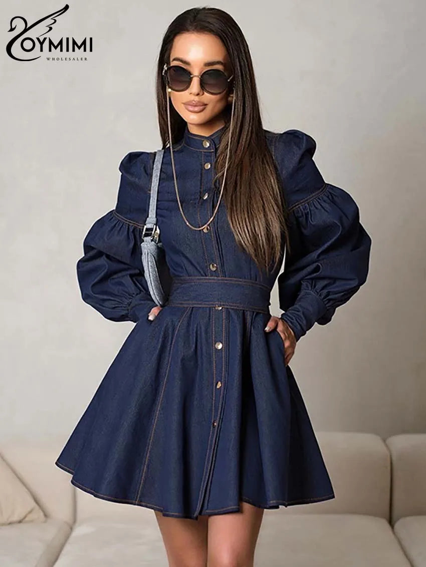 Oymimi Elegant Blue Denim Womens Dresses Fashion O-Neck Long Sleeve High Waisted Dresses Casual Button Mini Dress Streetwear
