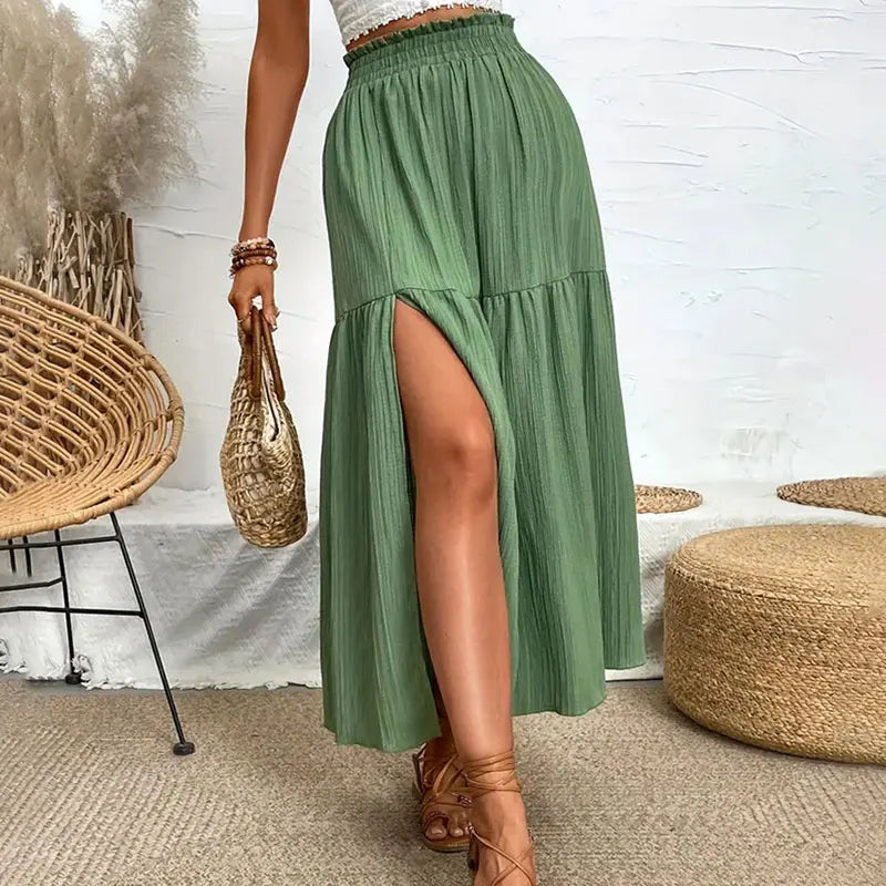 New Women Skirt Fashion Bohemian Midi Skirt High Waist Solid A Line Ruffle Skirt Casual Side Slit Beach Skirts 3 Colors Skort