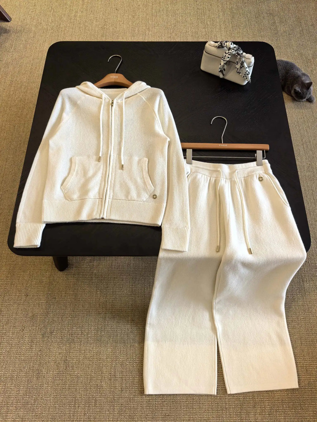 Hooded Knit Two Piece Set With Elastic Waist Pants For Women