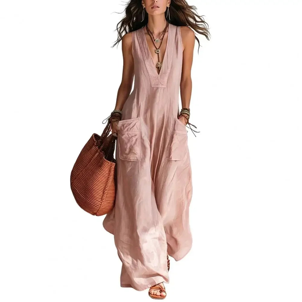 Sleeveless V Neck Loose Wide Leg Casual Jumpsuit For Women