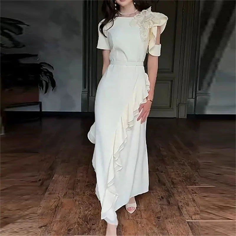 Fashion Flower Patchwork Lotus Leaf Edge Long Dress Casual Summer Banquet Dresses Ladies Temperament O-neck Short Sleeved Dress